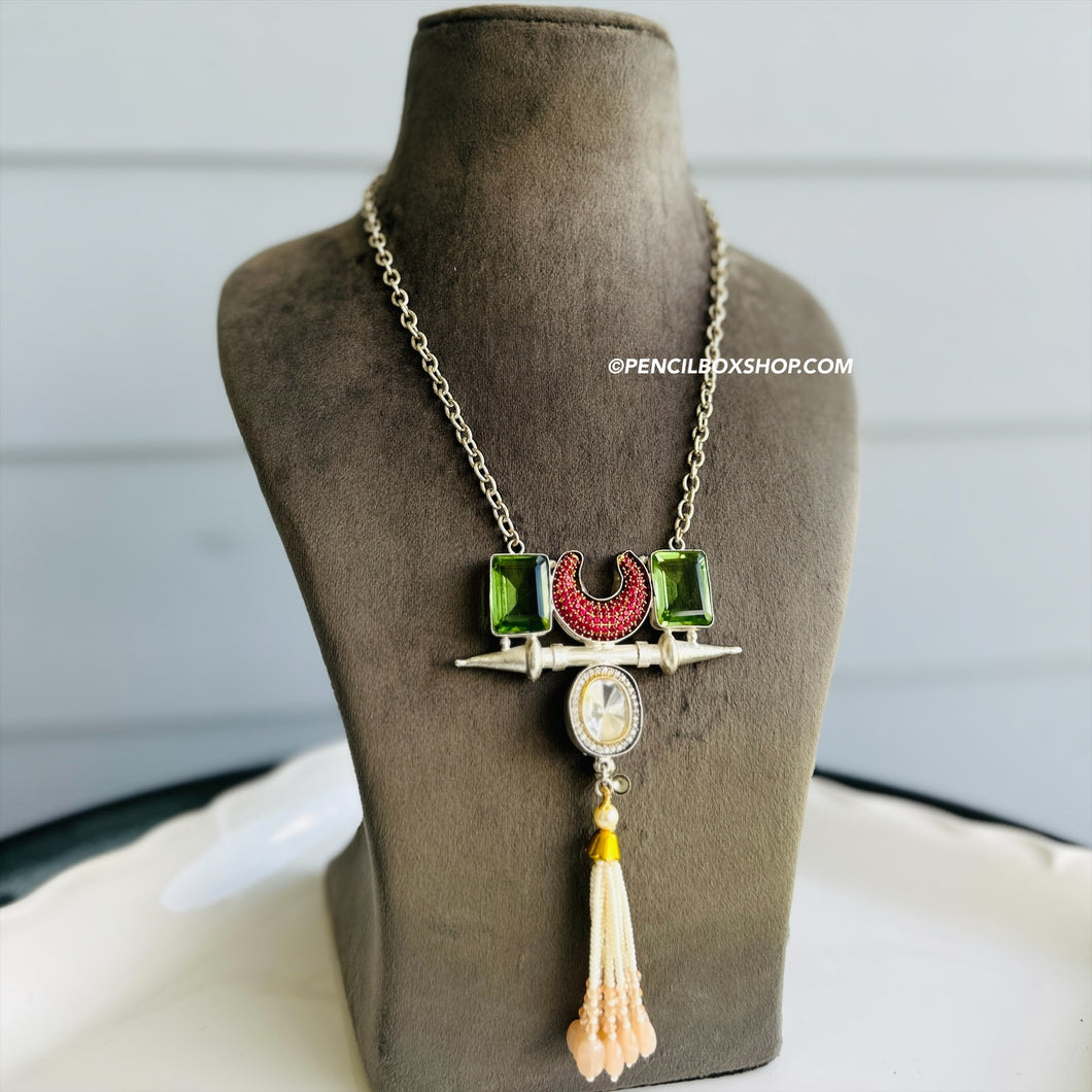 Kundan Sea Green Natural Stone Afghani German Silver Long Pendant necklace