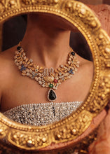 Load image into Gallery viewer, Peacock Black Theme Sabya floral gemstone premium necklace set
