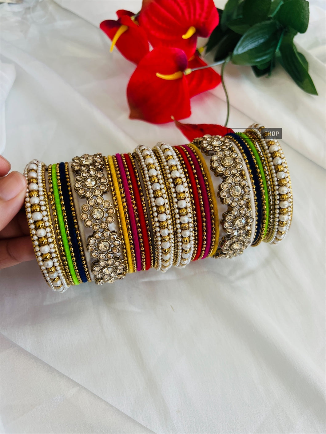 Polki Multicolor Pearl Flower Velvet bangle set