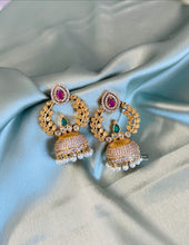 Load image into Gallery viewer, Multicolor Leaf Temple Gold Finish Stone Glass Stone jhumka cz earrings
