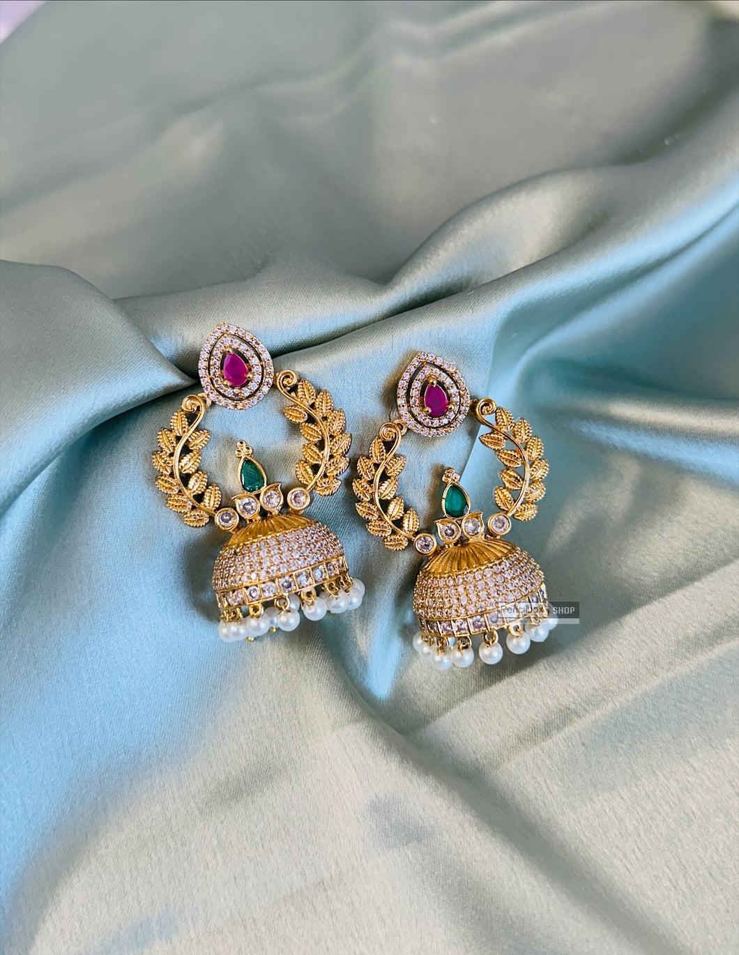 Multicolor Leaf Temple Gold Finish Stone Glass Stone jhumka cz earrings