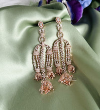 Load image into Gallery viewer, American diamond Rose Gold Long three jhumkas dangling Earrings
