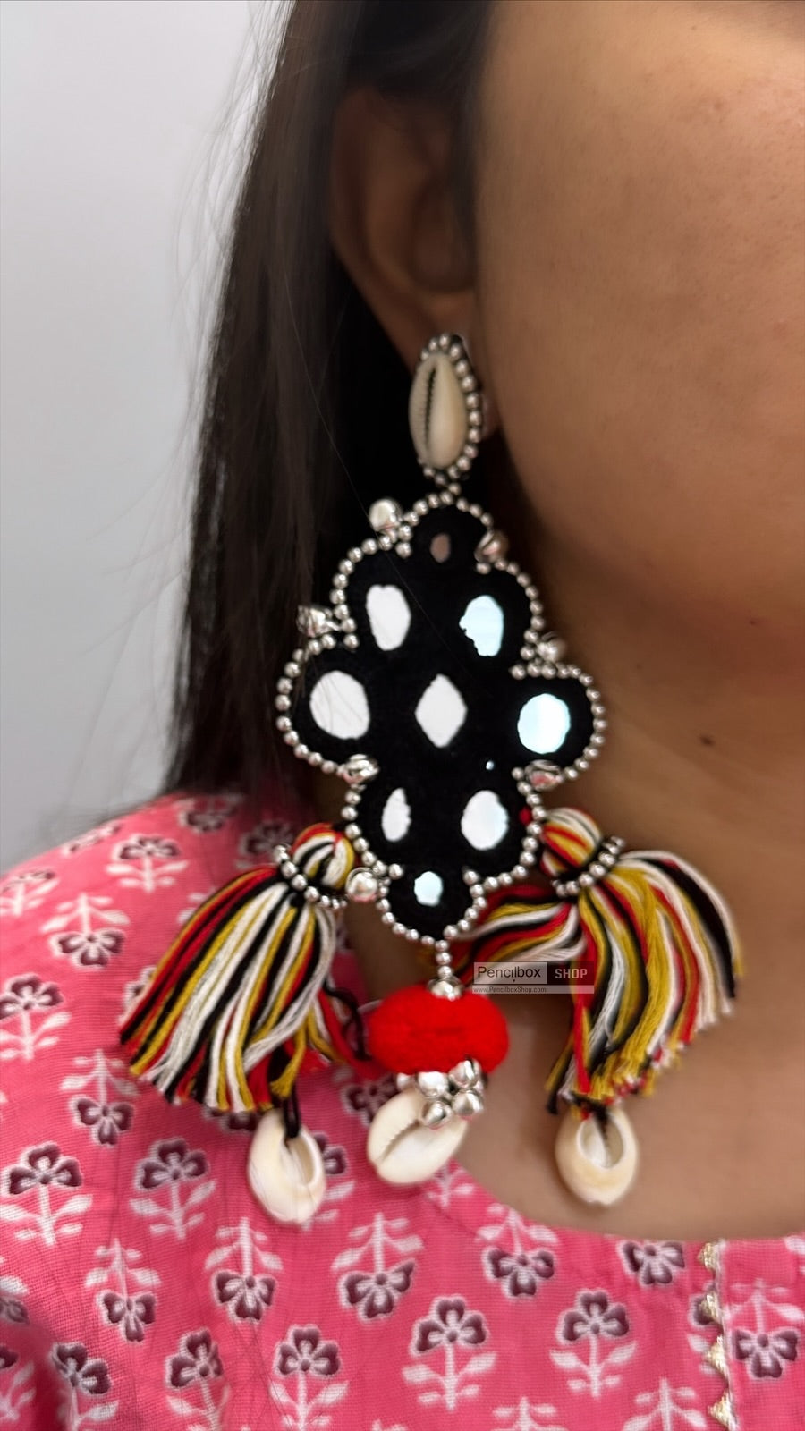 Black Tassel Shell Pearl Mirror Fabric handmade beaded Earrings