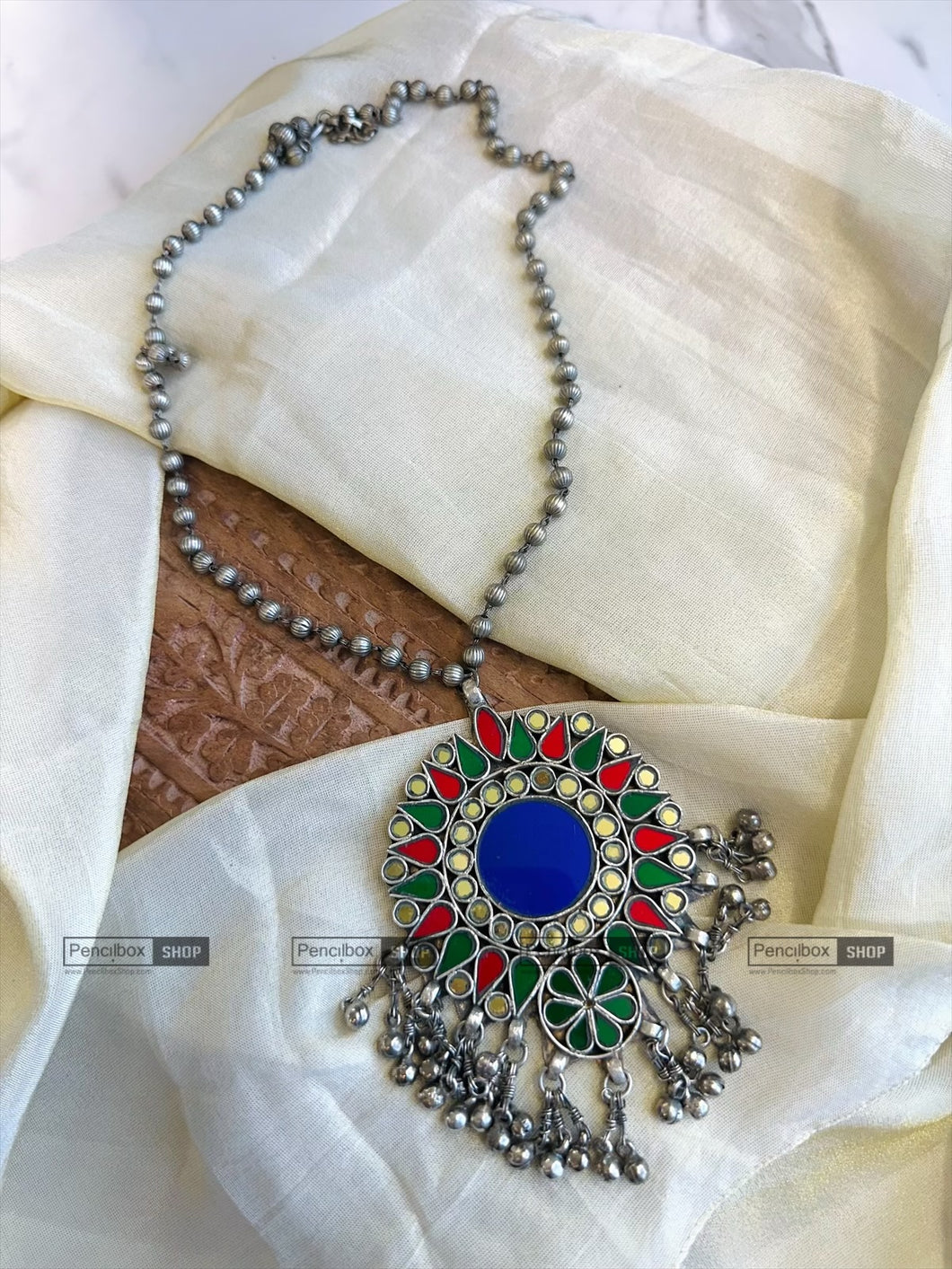 Afghani Real Mirror Multicolor Ghungroo Navratri Pendant Necklace