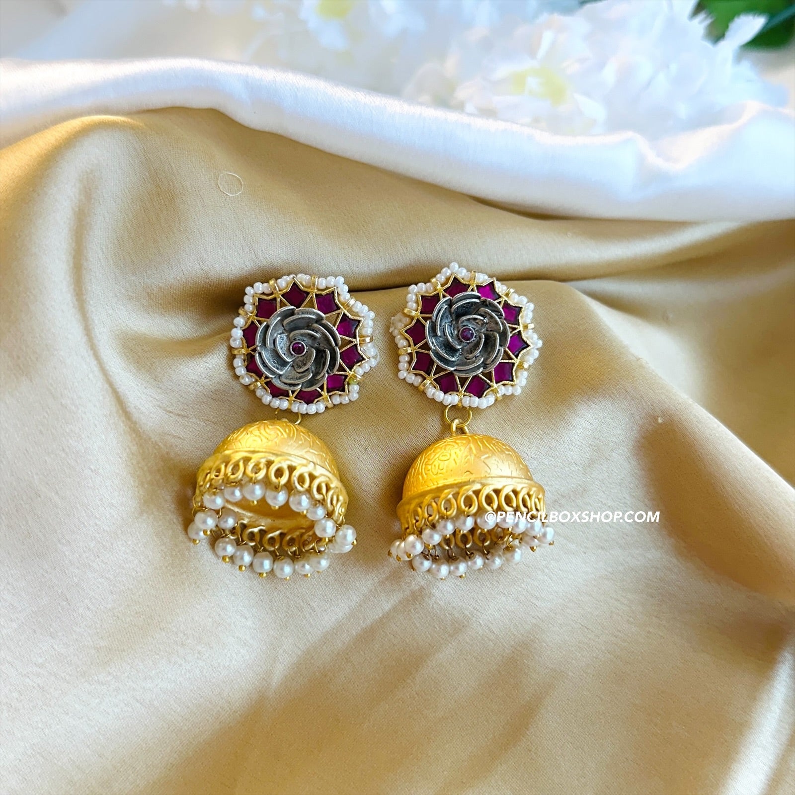 Multiple colors-Pachi kundan Flower Golden Brass Pearl Jhumka earrings ...