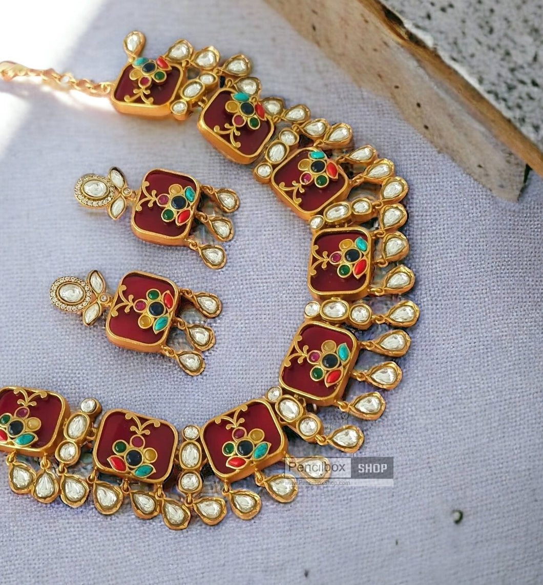 Esha Inlay Ruby Gold plated moissanite Stone Designer Premium Necklace set