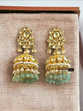 Load image into Gallery viewer, Pushp Pachi Kundan Brass White Mint Jhumka Statement Designer Earrings

