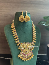 Load image into Gallery viewer, Pearl Ruby Kundan Peacock kemp stone temple Necklace set

