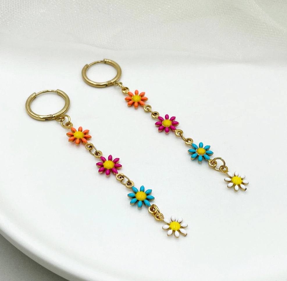 Spring multicolor Flower Long Hoop dangling earrings IDW
