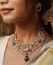 Load image into Gallery viewer, Peacock Black Theme Sabya floral gemstone premium necklace set
