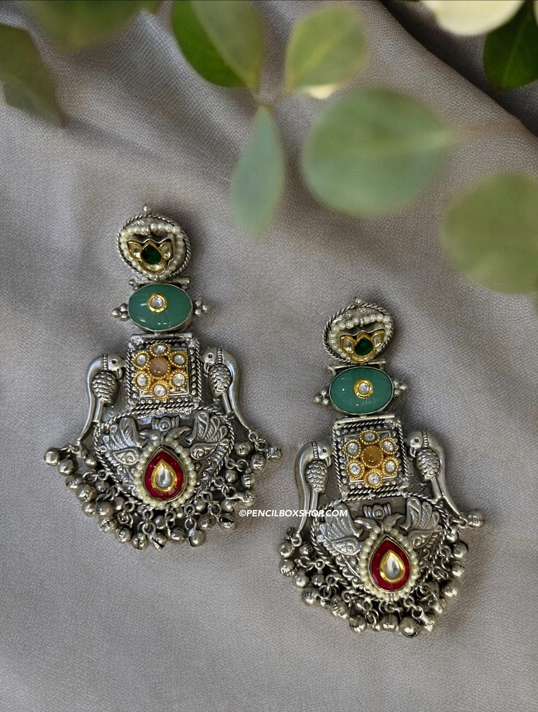 92.5 silver coated Mint Peacock Long Ghungroo German silver Earrings