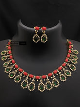 Load image into Gallery viewer, Golden Coral Dangling Temple Necklace set
