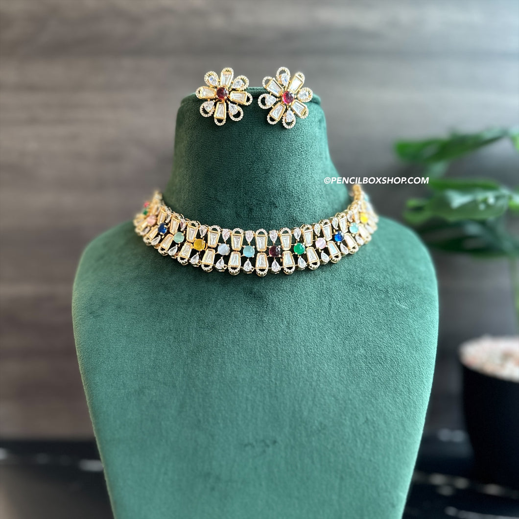 Prisha Golden Multicolor gold plated Tayani Choker Necklace set.