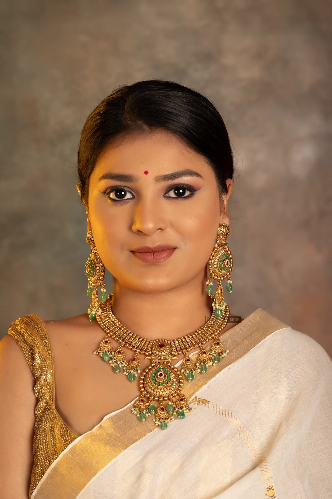 NEW Golden Matte Ruby mint Beaded Rajwadi Necklace set
