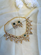 Load image into Gallery viewer, Premium Kemp Stone Rice Pearl Temple Guttapusalu  Ethnic Necklace set
