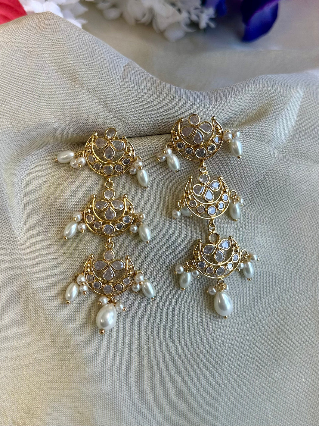 14k Gold plated Flower layered Pearl Temple earrings