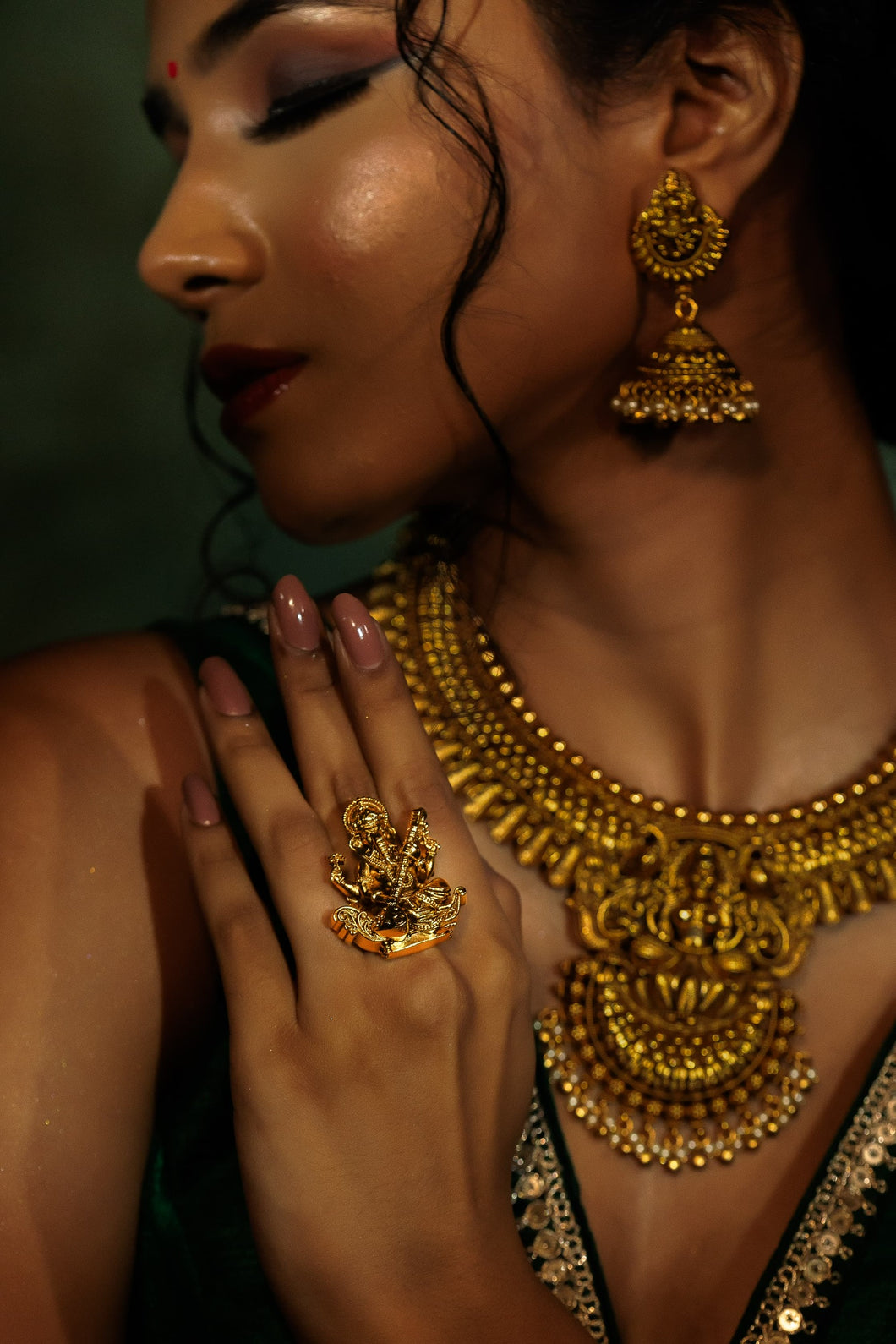 Golden Brass Ganesha Deer Ring Ethnic adjustable