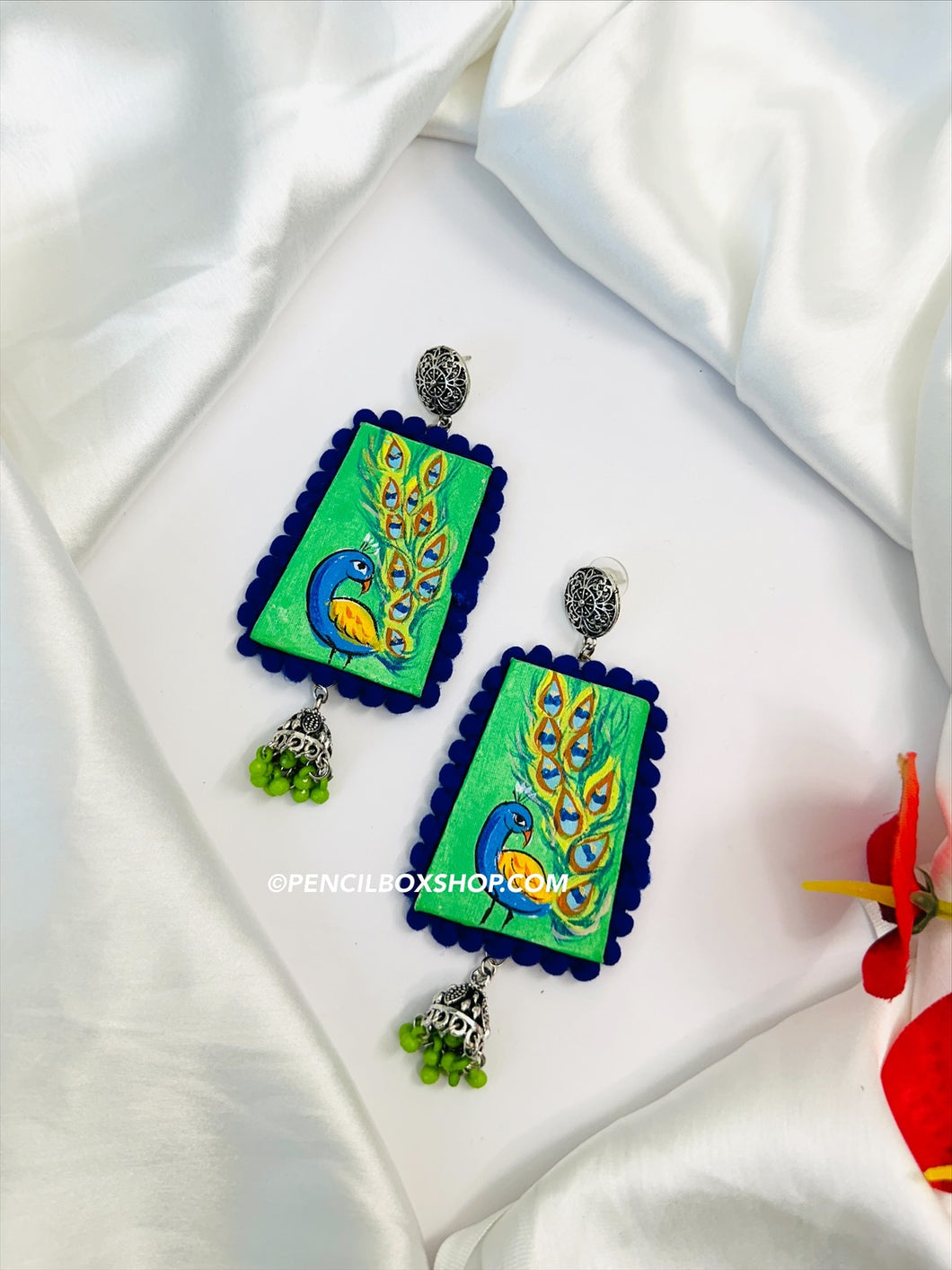 Handpainted Handmade Peacock Green Blue Navratri earrings
