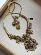 Load image into Gallery viewer, Lakshmi ji peacock kemp stone  cz necklace set temple jewelry
