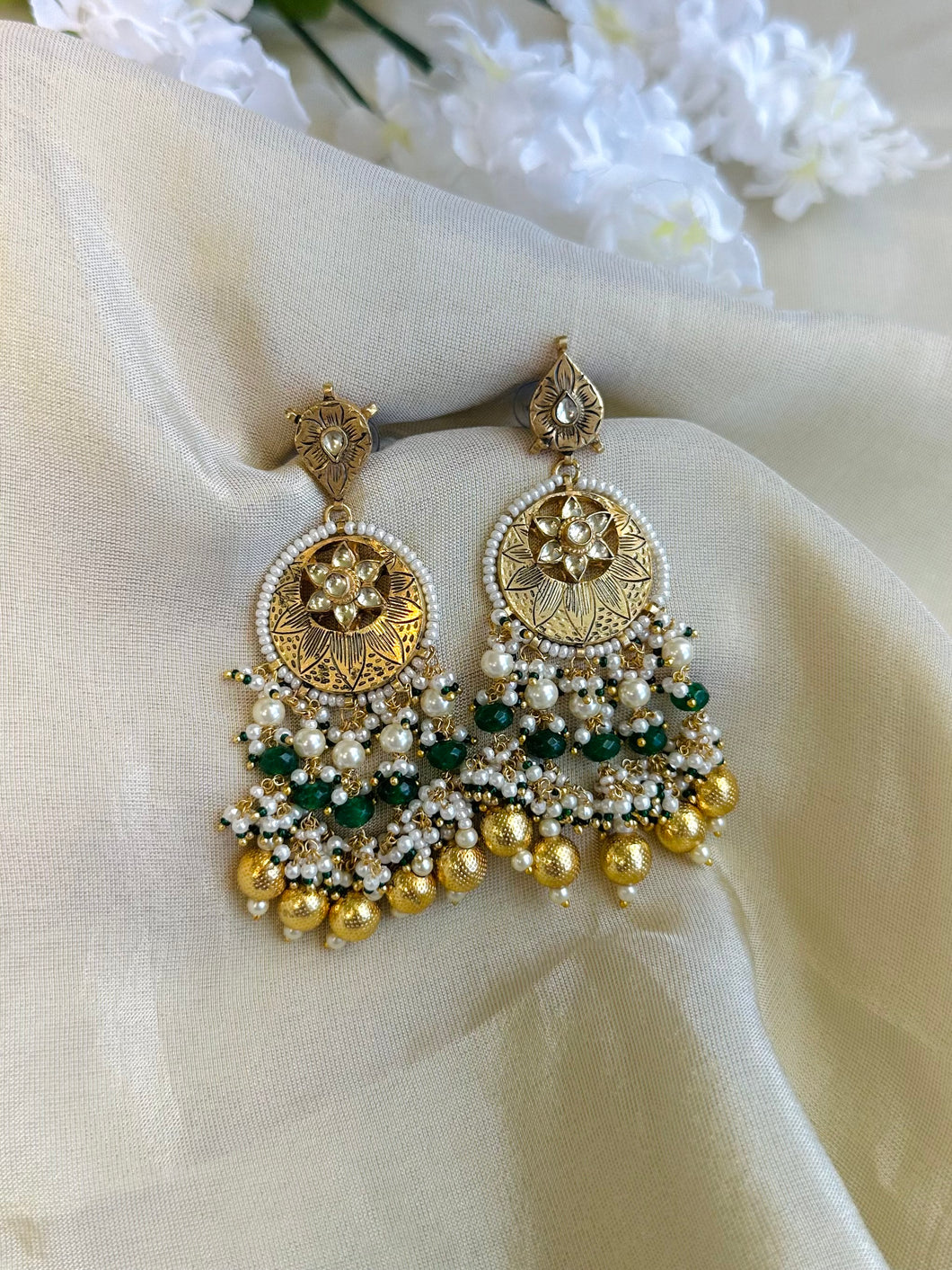 Pachi Kundan Brass White Green golden work Designer Earrings