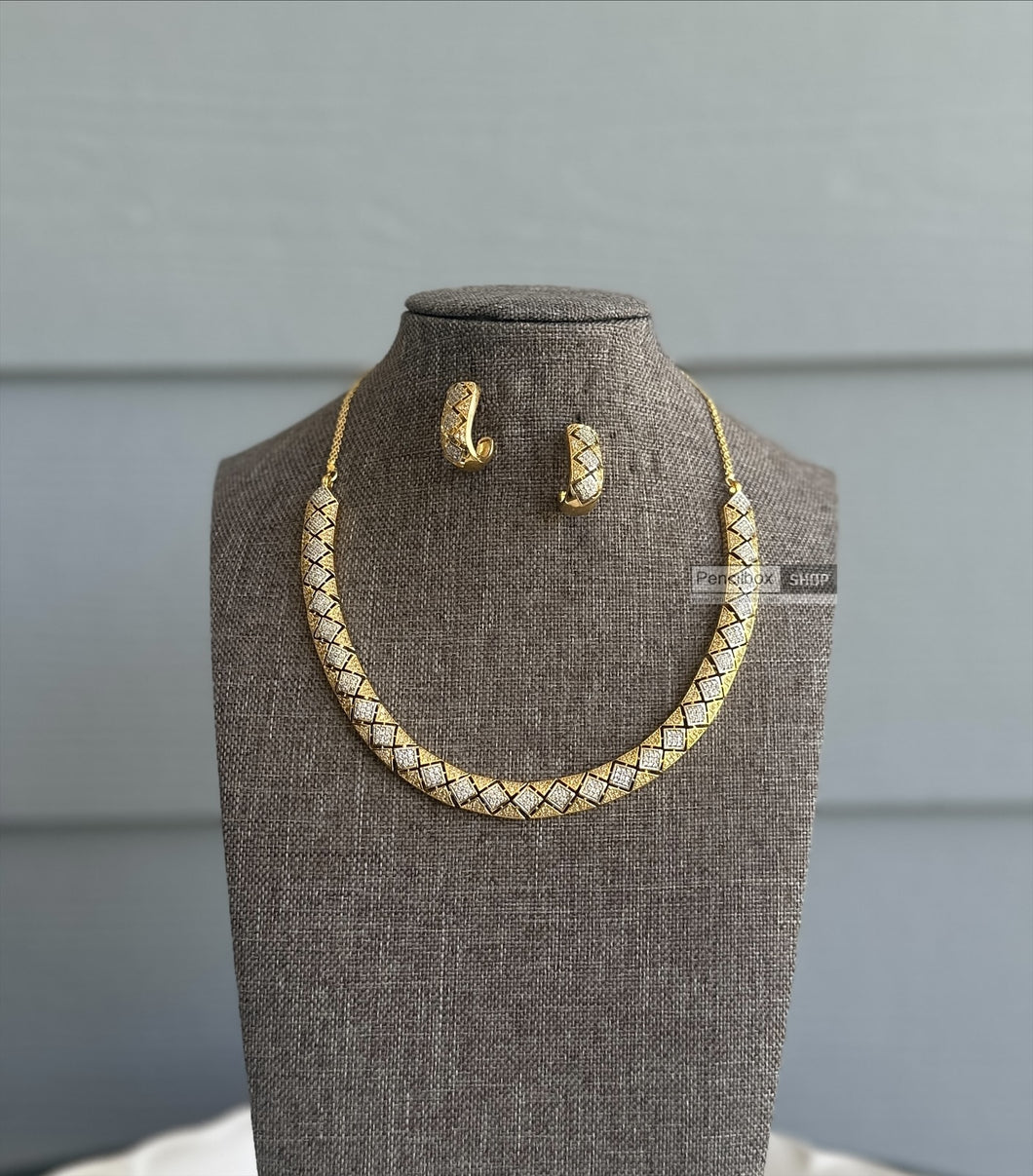 Golden Hasli American Diamond Dainty Necklace set