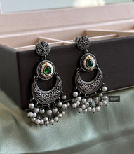 Load image into Gallery viewer, German Silver pachi kundan  Hanging Beads Jhumka earrings
