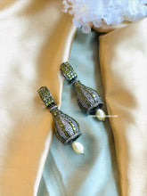 Load image into Gallery viewer, American Diamond Victorian Olive green Invisible Jhumka earrings

