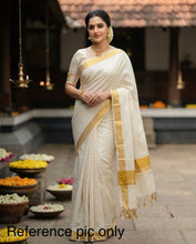 Load image into Gallery viewer, Onam Special Ivory Golden Square check Cotton Kerala saree
