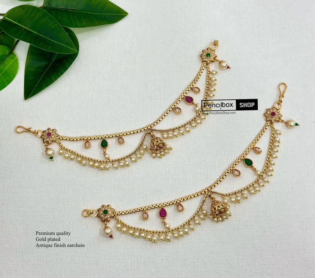 Unique two layer gold plated Ruby green Jhumki Golden beads Ear chain