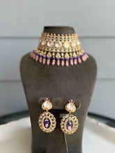 Load image into Gallery viewer, Purple pink Tayani Statement Heavy 22k gold plated choker necklace set
