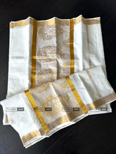 Load image into Gallery viewer, Onam Special Ivory Golden Big motif Cotton Kerala saree
