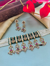 Load image into Gallery viewer, Multicolor cz kundan Ruby green tassel premium choker necklace set

