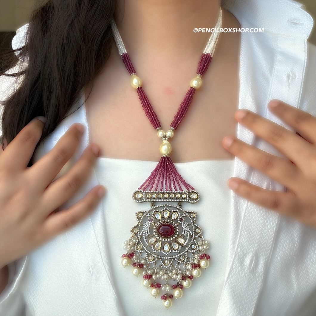 22k Gold plated Tayani Long Ruby Bird Premium Statement Necklace set