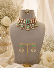 Load image into Gallery viewer, Mint Doublet Tayani Gold Plated Choker Premium Necklace set with maangtikka
