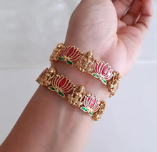 Load image into Gallery viewer, NEW LAUNCH Lotus Lakshmi ji Enamel Ruby green Openable Bangle set
