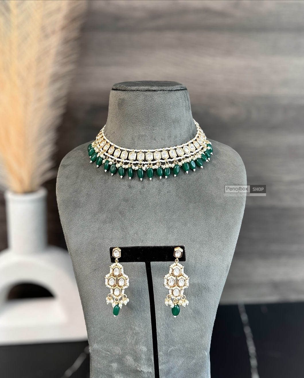 Ishika Green 22k gold plated Tayani Beads Choker Necklace set
