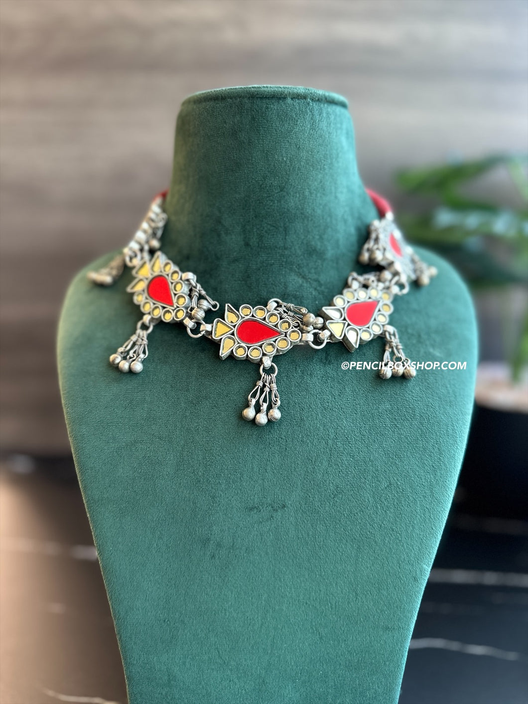 Afghani Real Mirror Red Ghungroo Navratri Choker Necklace