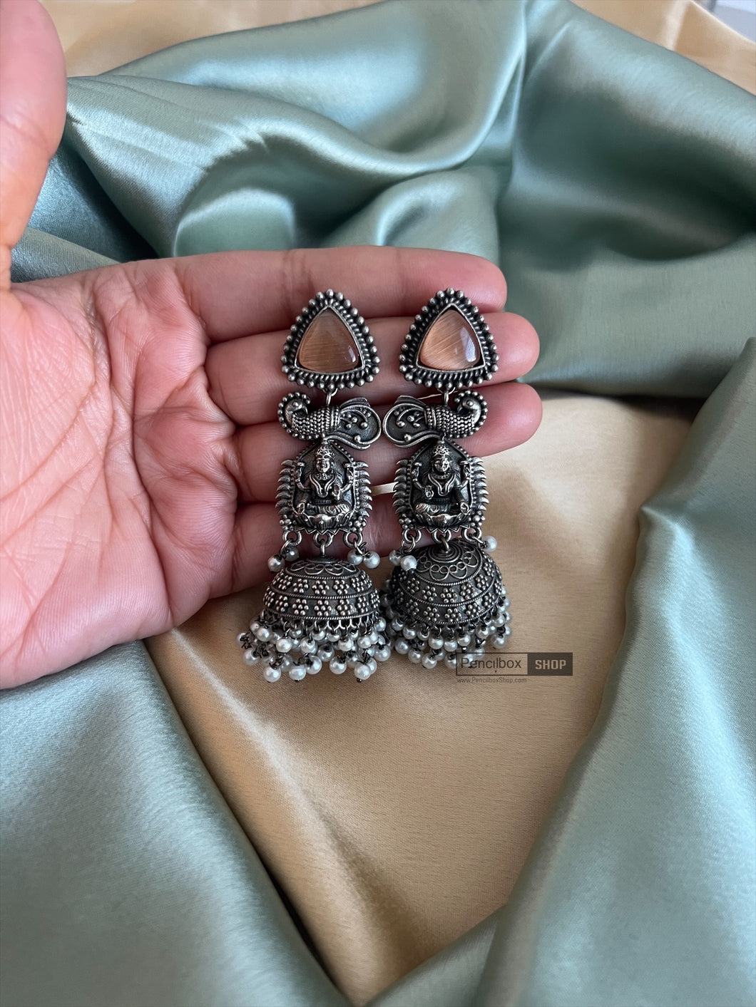 Lakshmi  ji pearl  German Silver Jhumka earrings