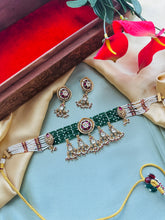 Load image into Gallery viewer, Multicolor round kundan Ruby green tassel premium choker necklace set
