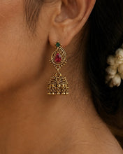 Load image into Gallery viewer, Mango shape ruby green Small Kemp Stone Brass Jhumka Earrings
