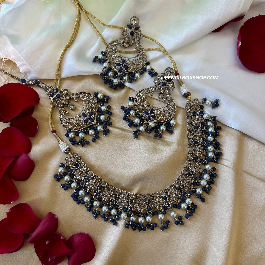 Aarohi Royal Blue  Golden Polki Necklace Set with maangtikka
