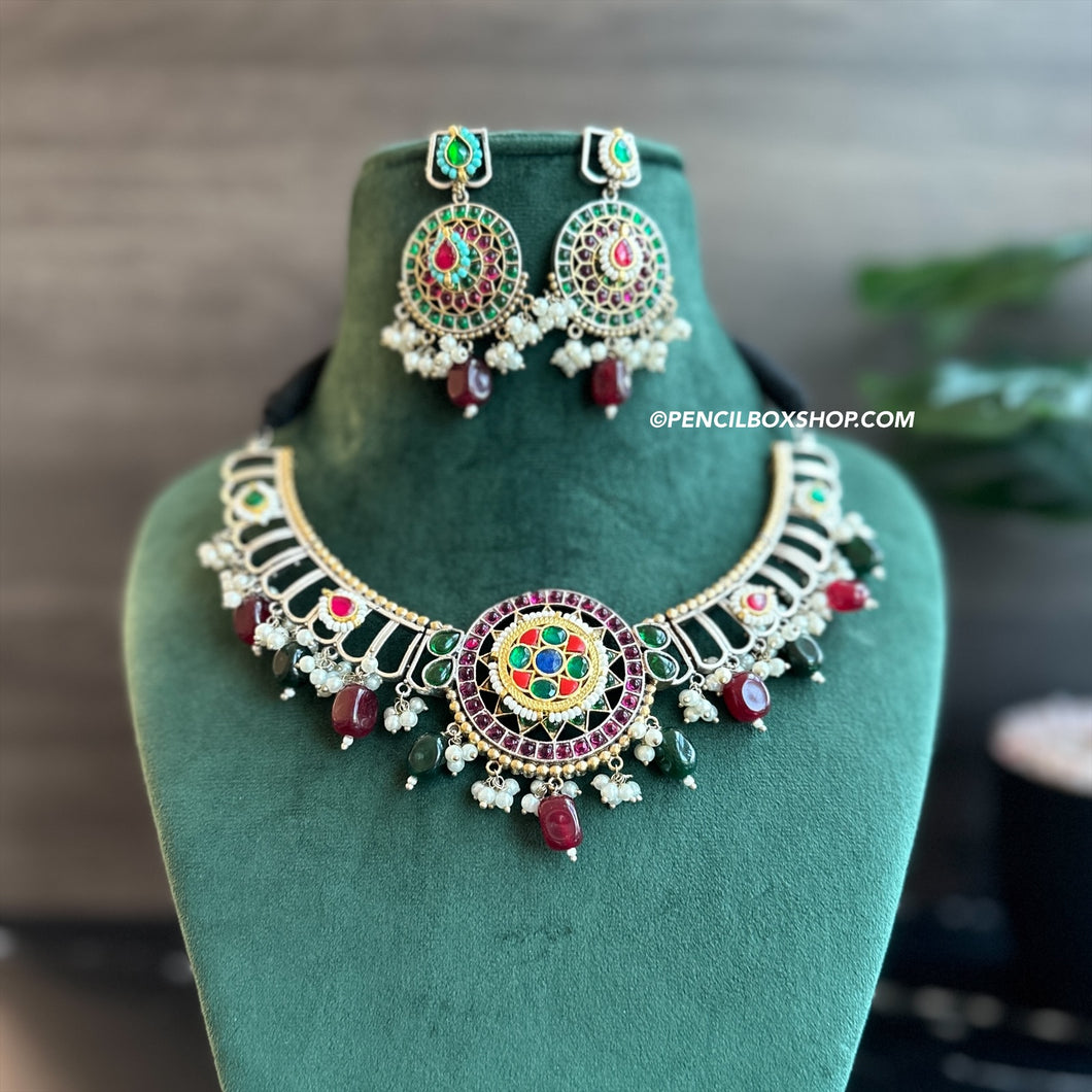 German silver Round Pachi Fusion Multicolor Necklace set