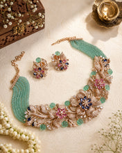 Load image into Gallery viewer, Solitaire Floral Rose Gold MM pink Mint Pearl Multicolor Premium Choker Necklace set
