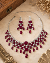 Load image into Gallery viewer, Ruby Premium american diamond Real Looking Silver necklace set

