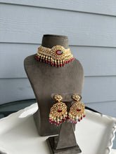 Load image into Gallery viewer, Exclusive Red White Doublet Pearl tayani 22k gold plated choker necklace set
