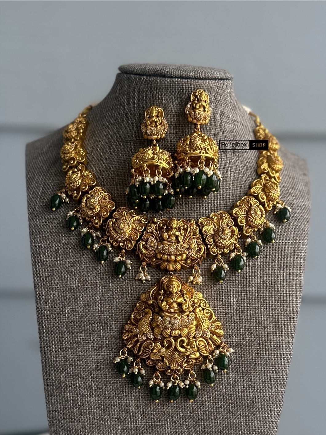 Green Exclusive Lakshmi ji cz kemp stone Necklace set Temple Jewelry