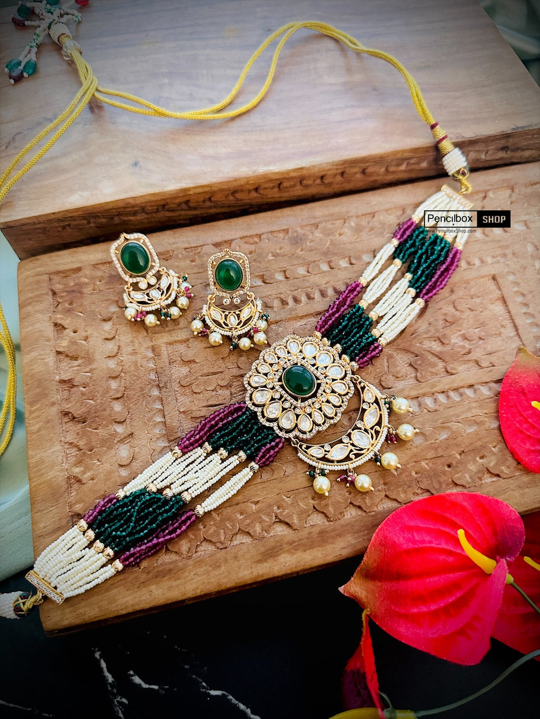 Ruby Green Gold plated Dainty Choker Tayani Premium Statement Necklace set