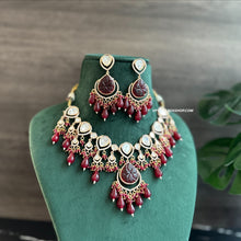 Load image into Gallery viewer, 22k gold plated Ruby Carved Stone Drop Tayani Necklace set

