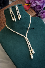 Load image into Gallery viewer, Golden Pearl Long Dainty Solitaire Baguette Necklace set
