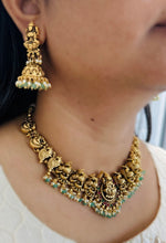 Load image into Gallery viewer, Lakshmi ji peacock Kemp stone Mint Golden Beads Necklace set
